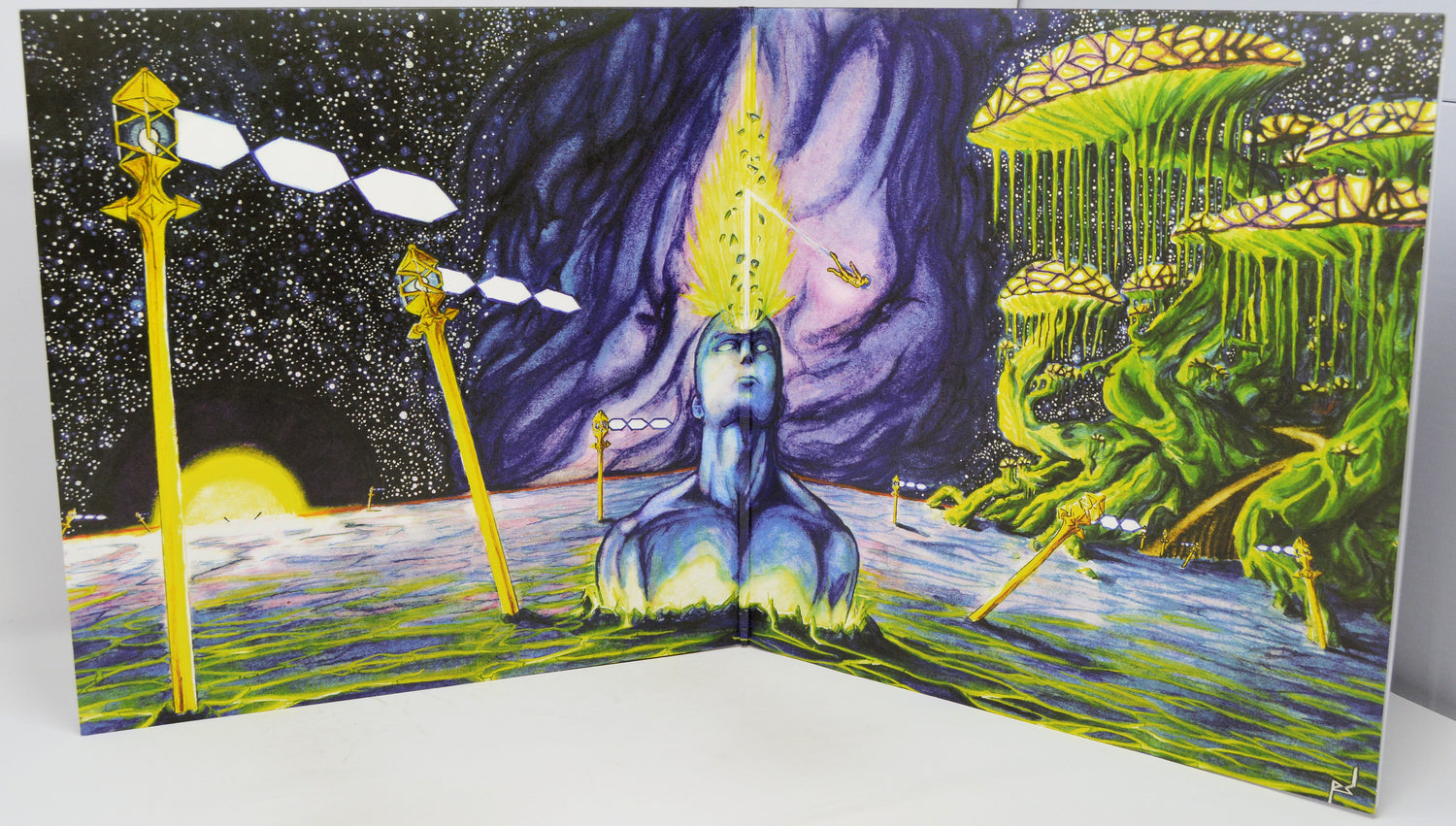 Futuristic landscape with alien figure, glowing towers, and alien plants on a starry night sky.