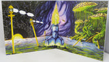 Futuristic landscape with alien figure, glowing towers, and alien plants on a starry night sky.