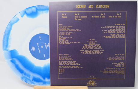 Blue and white vinyl record with a purple insert displaying track listings on a white background