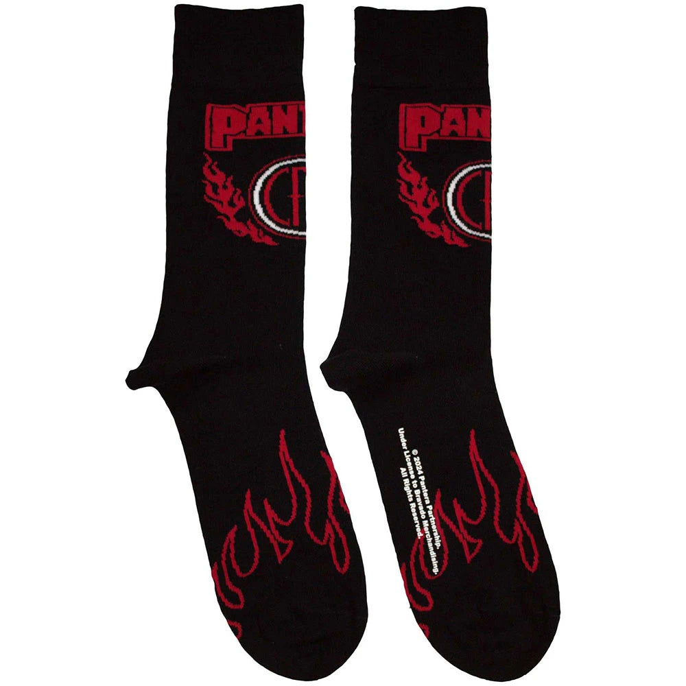 Black socks with red and white logo and flame design on a white background