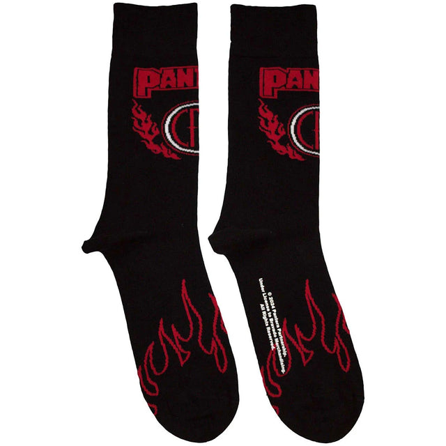 Black socks with red and white logo and flame design on a white background