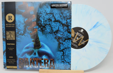 Front cover of Pantera Far Beyond Driven Revolver Exclusive marbled vinyl LP, showing distinctive blue artwork and limited-edition sticker.