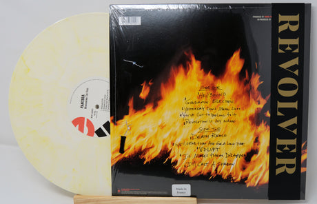Back cover of Pantera Reinventing The Steel limited edition marbled vinyl with tracklist and flames artwork.