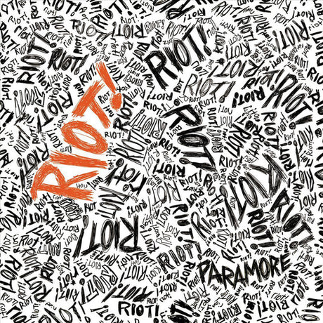 Pattern of the word 'RIOT!' in various styles with 'PARAMORE' branding.