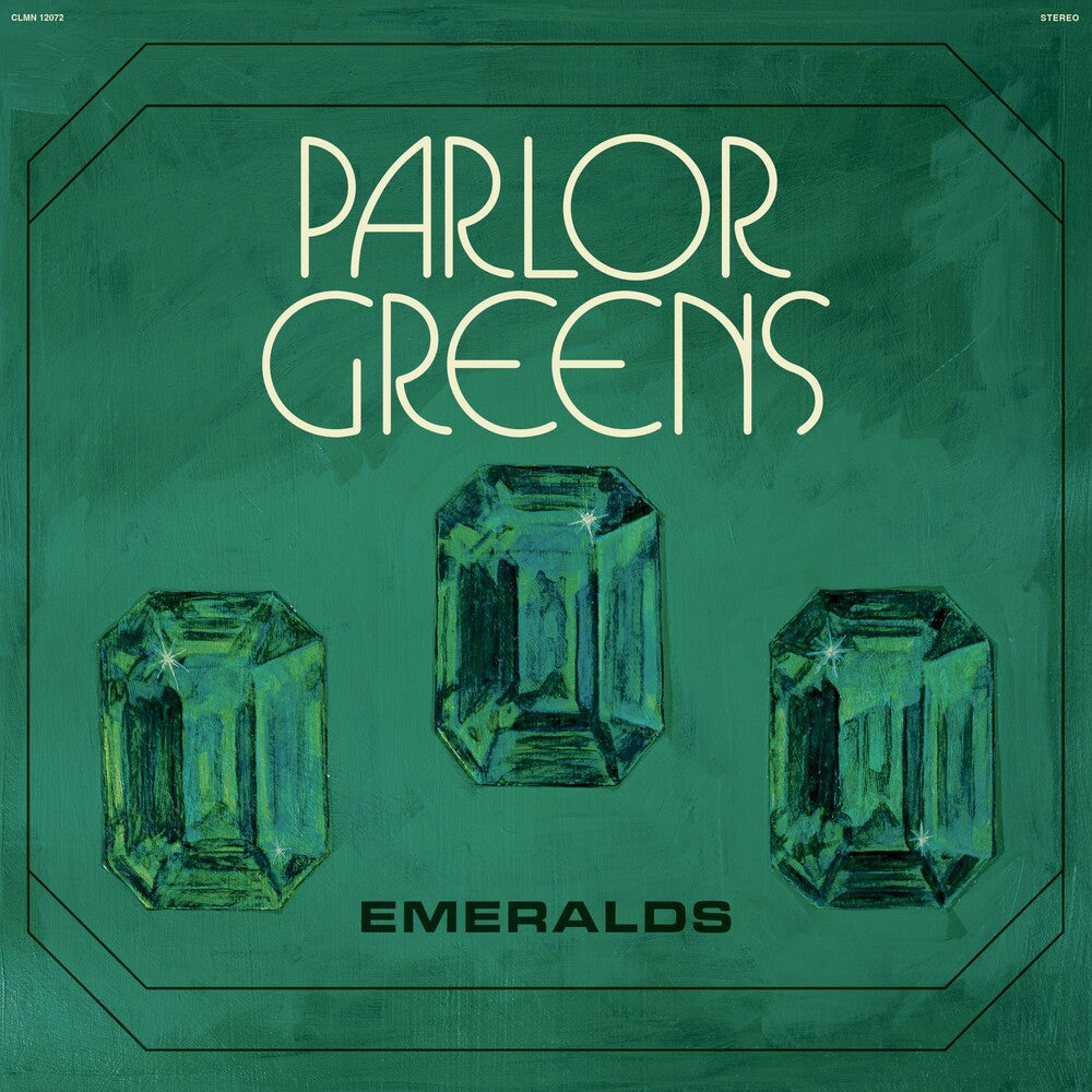 Album cover with 'Parlor Greens' and emerald stones on a green background