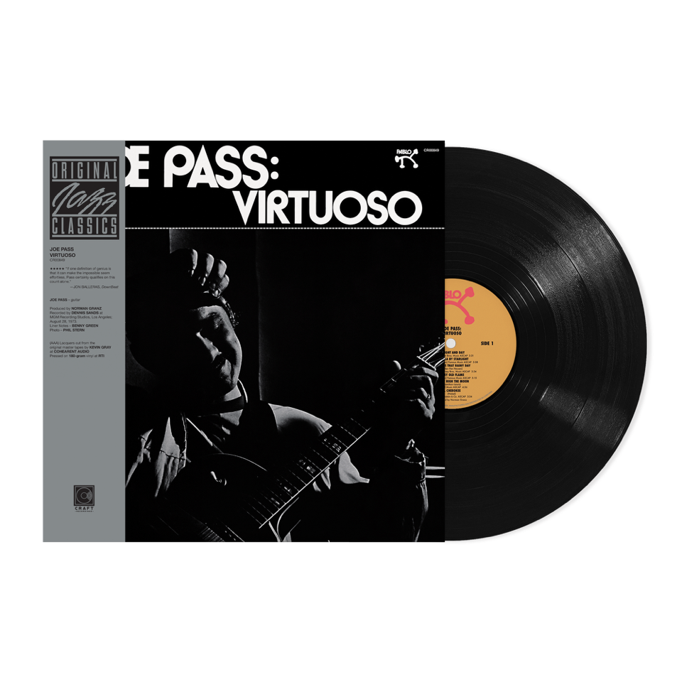 A black vinyl record album titled 'Pass: Virtuoso' featuring a monochrome image of a person playing a guitar on the cover.