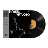 A black vinyl record album titled 'Pass: Virtuoso' featuring a monochrome image of a person playing a guitar on the cover.