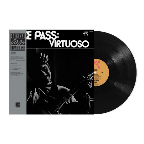 A black vinyl record album titled 'Pass: Virtuoso' featuring a monochrome image of a person playing a guitar on the cover.