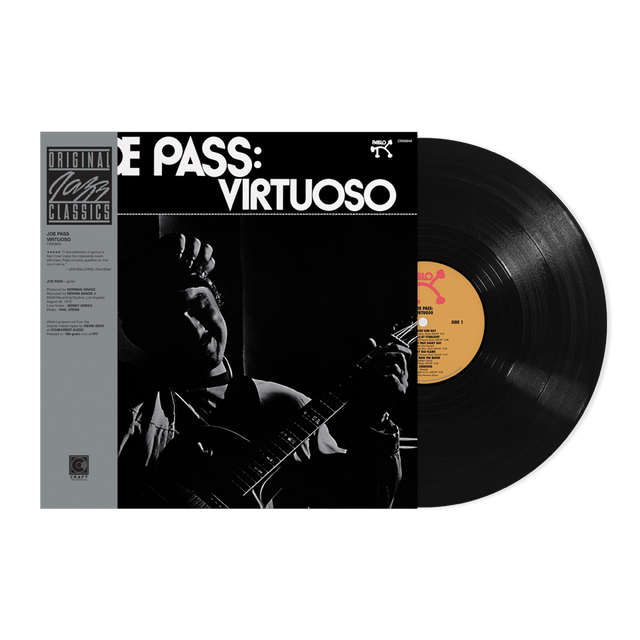 A black vinyl record album titled 'Pass: Virtuoso' featuring a monochrome image of a person playing a guitar on the cover.