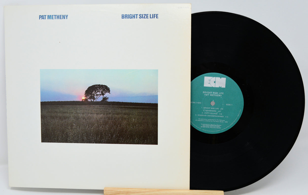 Vinyl record with cover featuring a landscape and tree, on a light gray background
