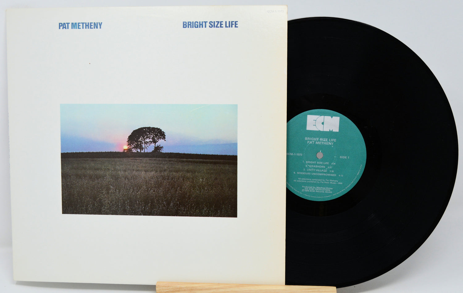 Vinyl record with cover featuring a landscape and tree, on a light gray background