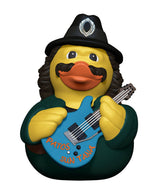 Rubber duck dressed as a guitarist with a mustache, black hat, and blue guitar labeled 'Patos Sun Tana'