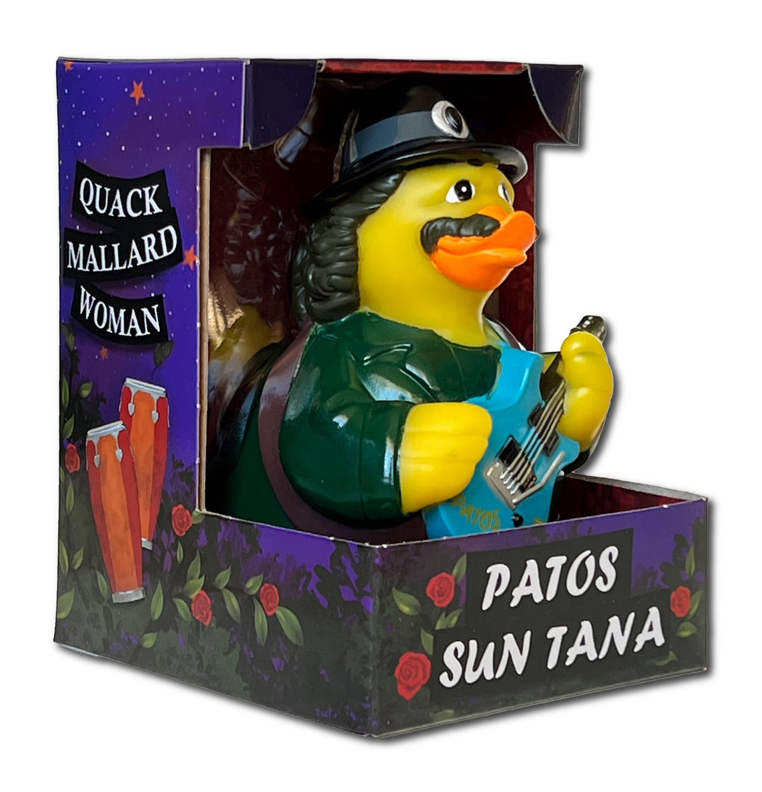 Patos Sun Tana rubber duck guitarist in a purple decorative box with musical theme