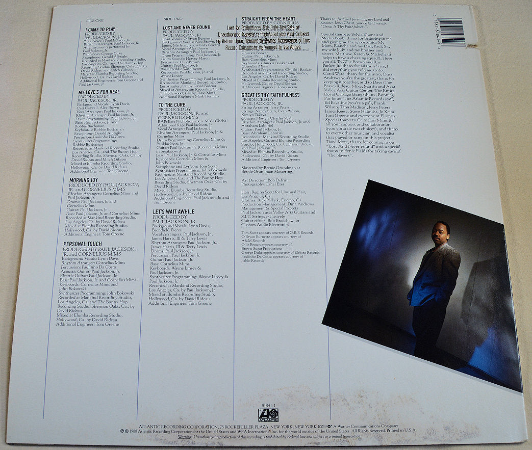 Back cover of Paul Jackson Jr. 'I Came to Play' LP with tracklist and artist photo
