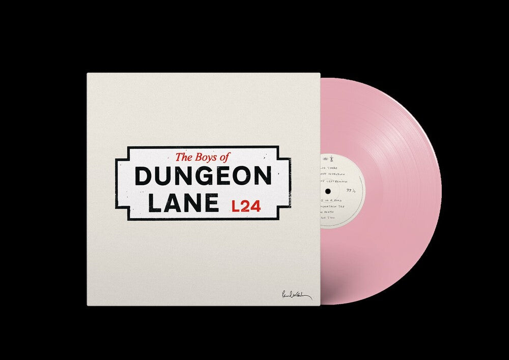 Paul McCartney vinyl record with pink disc and white cover featuring 'Dungeon Lane' text on a white background