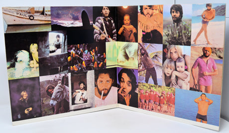 Collage of various images on a album cover with a white background