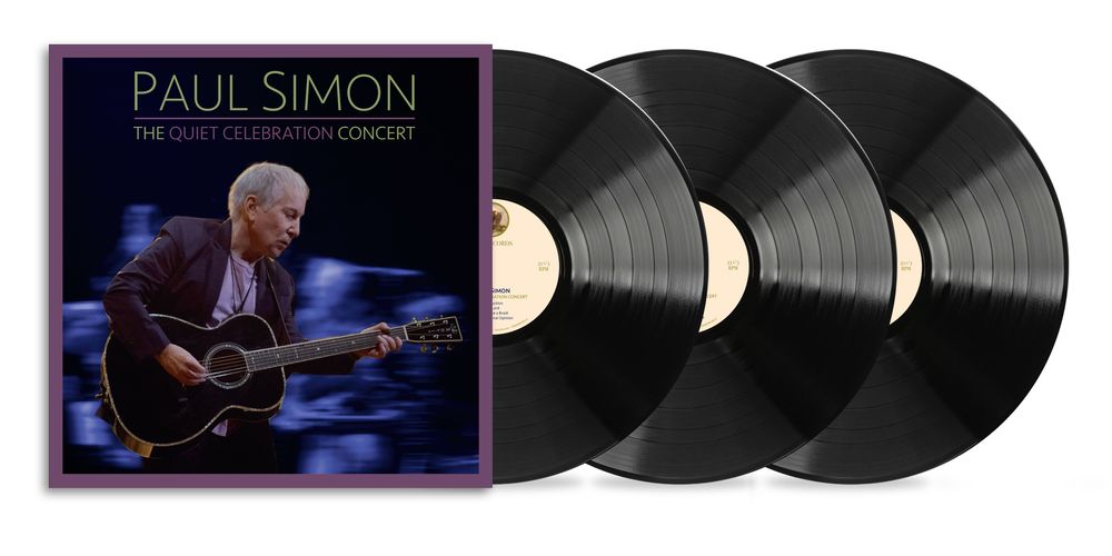 Three vinyl records with a cover featuring Paul Simon playing guitar, set against a white background.