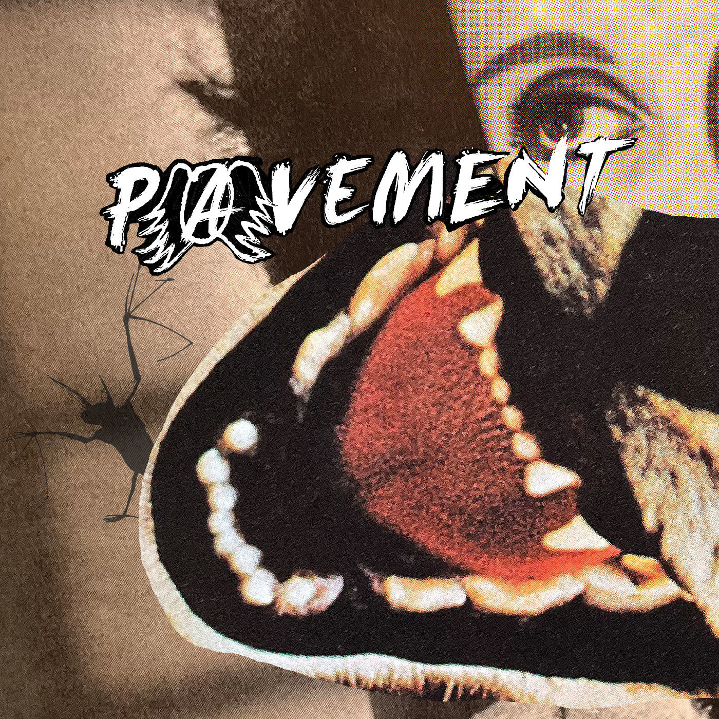 Butterfly wing with 'Pavement' text overlay on a textured background