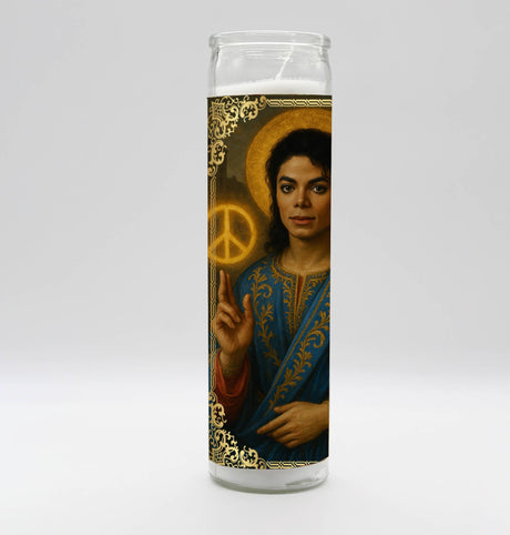 Candle with pop icon saint artwork, peace symbol, golden halo, and detailed blue garment