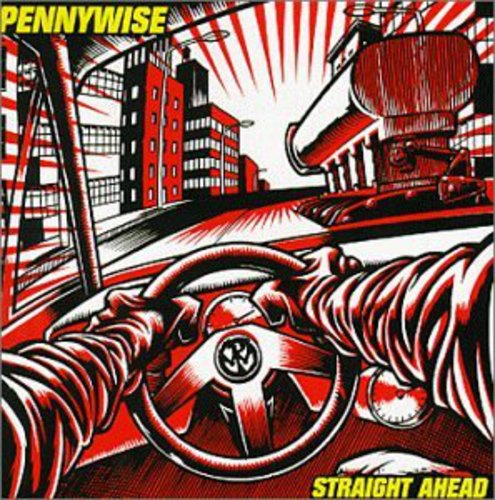 Album cover with a steering wheel and cityscape, featuring the text 'Pennywise' and 'Straight Ahead'.