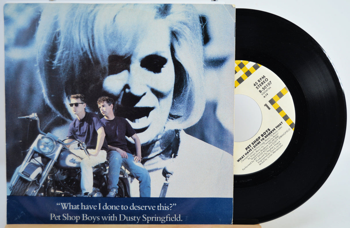 Pet Shop Boys 'What Have I Done to Deserve This' Vinyl record with sleeve featuring two people on motorcycles and a large skull.