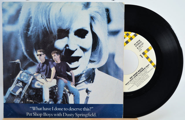 Pet Shop Boys 'What Have I Done to Deserve This' Vinyl record with sleeve featuring two people on motorcycles and a large skull.