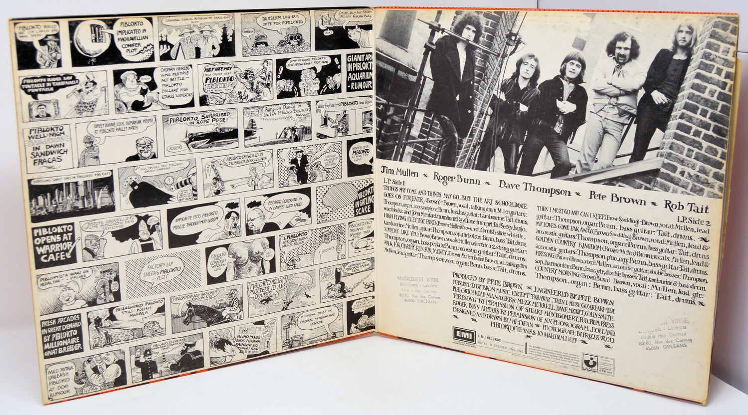 Opened vinyl gatefold of Pete Brown & Piblokto! album showing comic art and band members