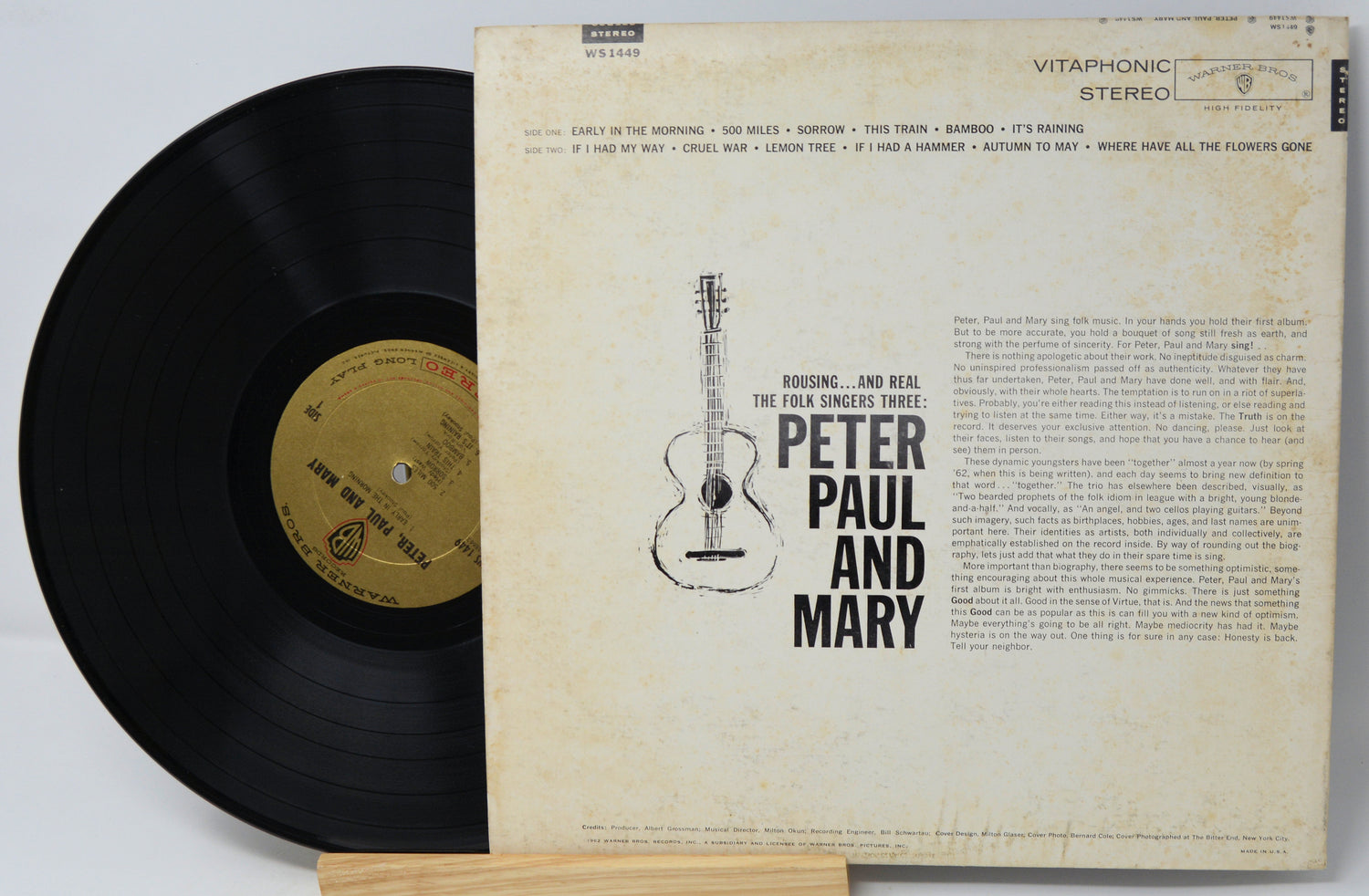 Vinyl record with cover featuring 'Peter, Paul and Mary' on a light gray background