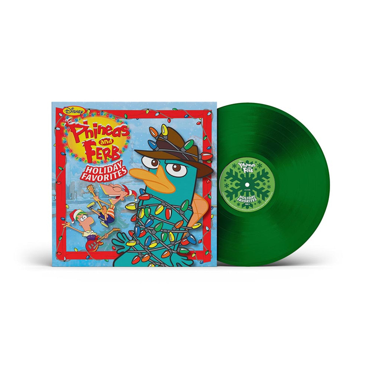 Phineas and Ferb Holiday Favorites green vinyl record with festive cover art featuring Perry the Platypus