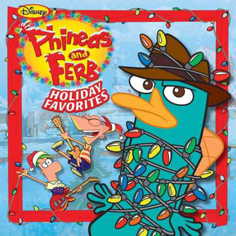 Phineas and Ferb Holiday Favorites album cover showing cartoon characters with Christmas lights