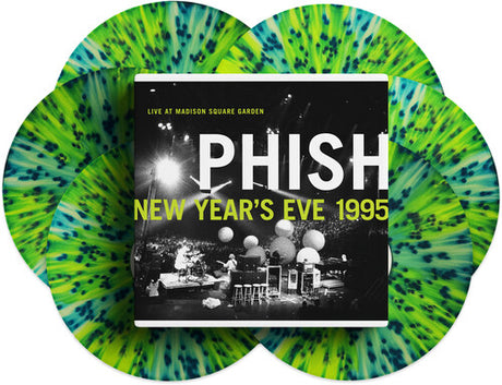 Six splatter colored records (Green, yellow, blue and white) and the front cover for the Phish 'Live At Madison Square Garden, New Year's Eve 1995' vinyl box set.