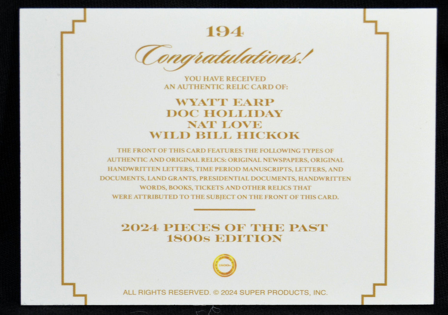 Congratulations card from Pieces of the Past 1800s Edition detailing relics of Earp, Holliday, Love, and Hickok