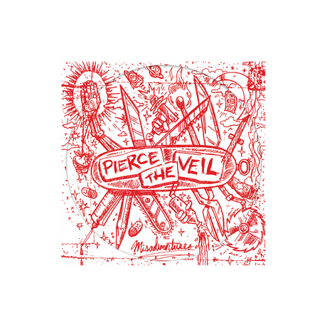 Pierce the Veil - Misadventures album cover art featuring red hand-drawn sketch illustrations on a white background.