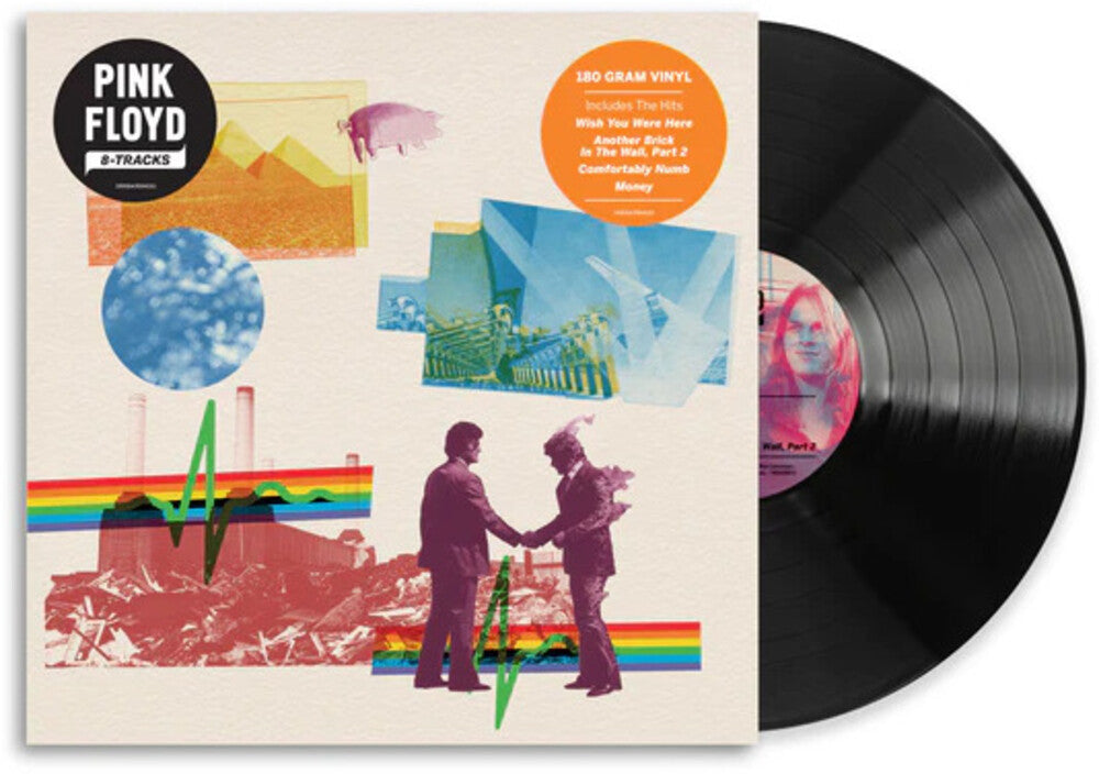 Pink Floyd '8-Tracks' 180 gram vinyl record shown with its illustrated album cover sleeve and the black vinyl disc partially visible.