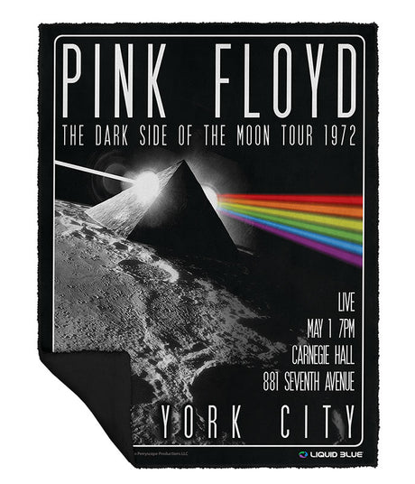 A fleece throw blanket with a Pink Floyd 'Dark Side of the Moon' album cover design.