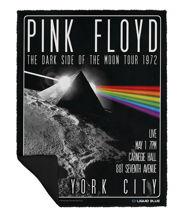 A fleece throw blanket with a Pink Floyd 'Dark Side of the Moon' album cover design.