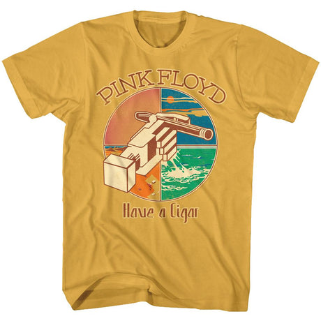 Yellow t-shirt with Pink Floyd graphic design featuring a hand holding a cigar.