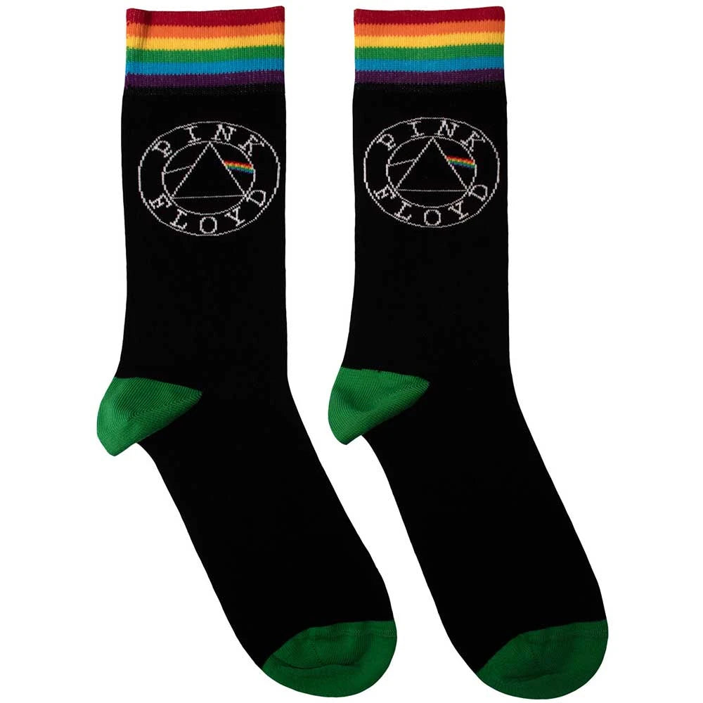 Black socks with Pink Floyd logo and rainbow stripe on a white background