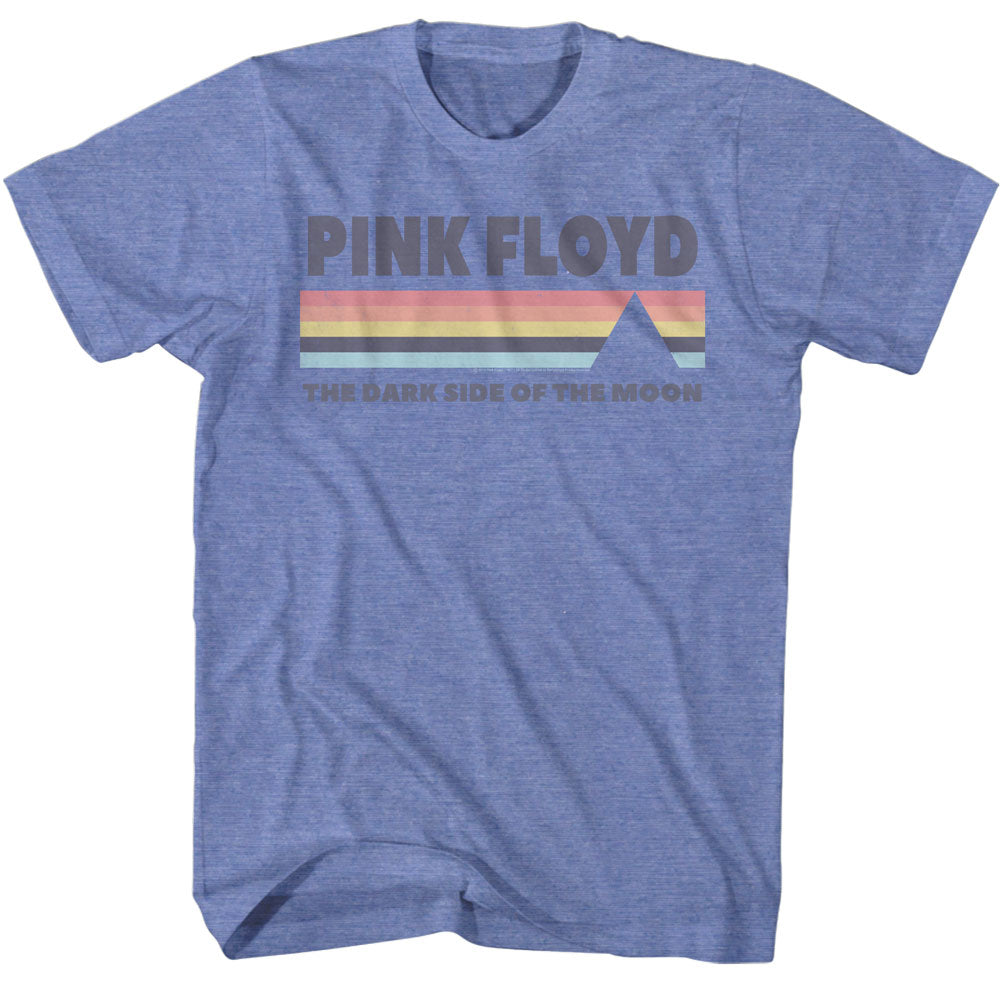 Blue t-shirt with Pink Floyd logo featuring a rainbow stripe on a white background