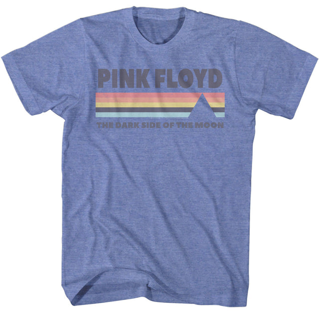 Blue t-shirt with Pink Floyd logo featuring a rainbow stripe on a white background