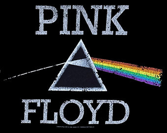 Pink Floyd logo with triangle and rainbow on a black background