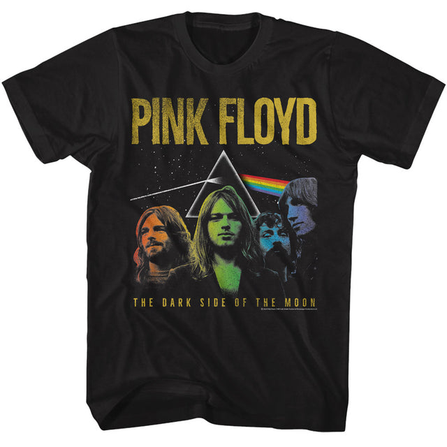 Black t-shirt with Pink Floyd graphic design featuring band members and rainbow triangle on a white background.