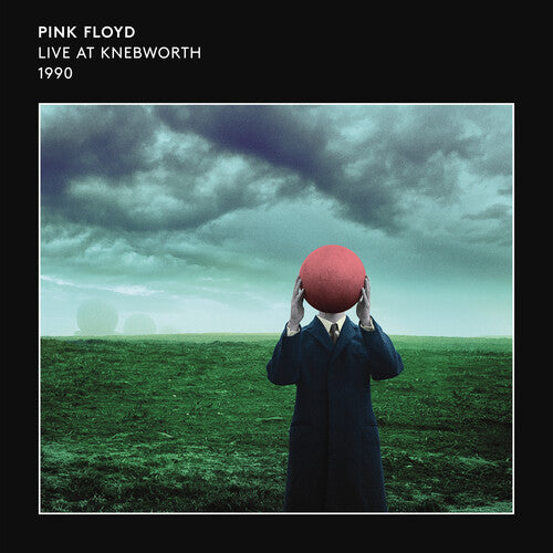 Album cover with a person holding a red sphere over their head, set against a stormy sky and green field, with 'Pink Floyd Live at Knebworth 1990' text.