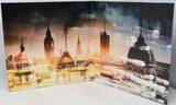 A square art print or canvas featuring a stylized London cityscape with Big Ben, St. Paul's Cathedral, and other landmarks, rendered in dramatic golden-hour lighting with motion-blur effects.