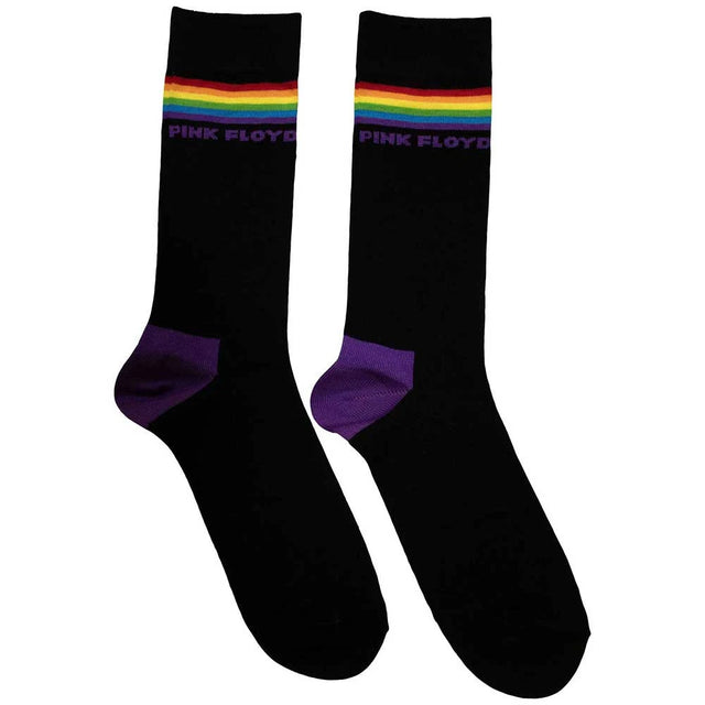 Black socks with rainbow bands and 'Pink Floyd' text on a white background