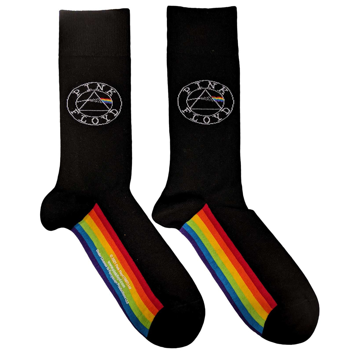 A pair of black ankle socks with a multicolored stripe pattern and a Pink Floyd logo on the side.