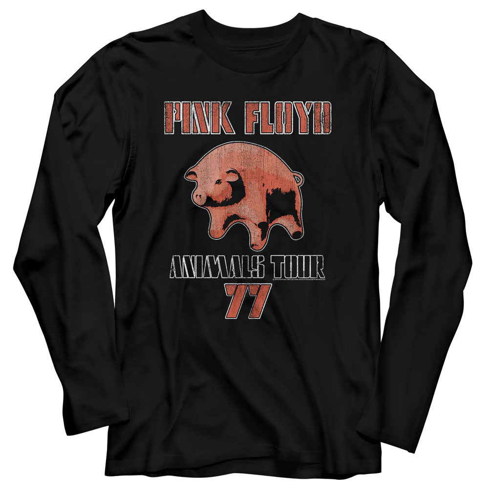 Black long-sleeve shirt with Pink Floyd 'Animals Tour 77' graphic design on a white background