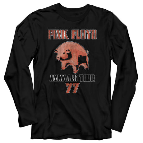 Black long-sleeve shirt with Pink Floyd 'Animals Tour 77' graphic design on a white background