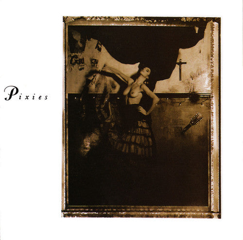 Album cover art for Pixies - Surfer Rosa featuring a black and white photograph with a stylized woman in the center, surrounded by text and abstract designs.