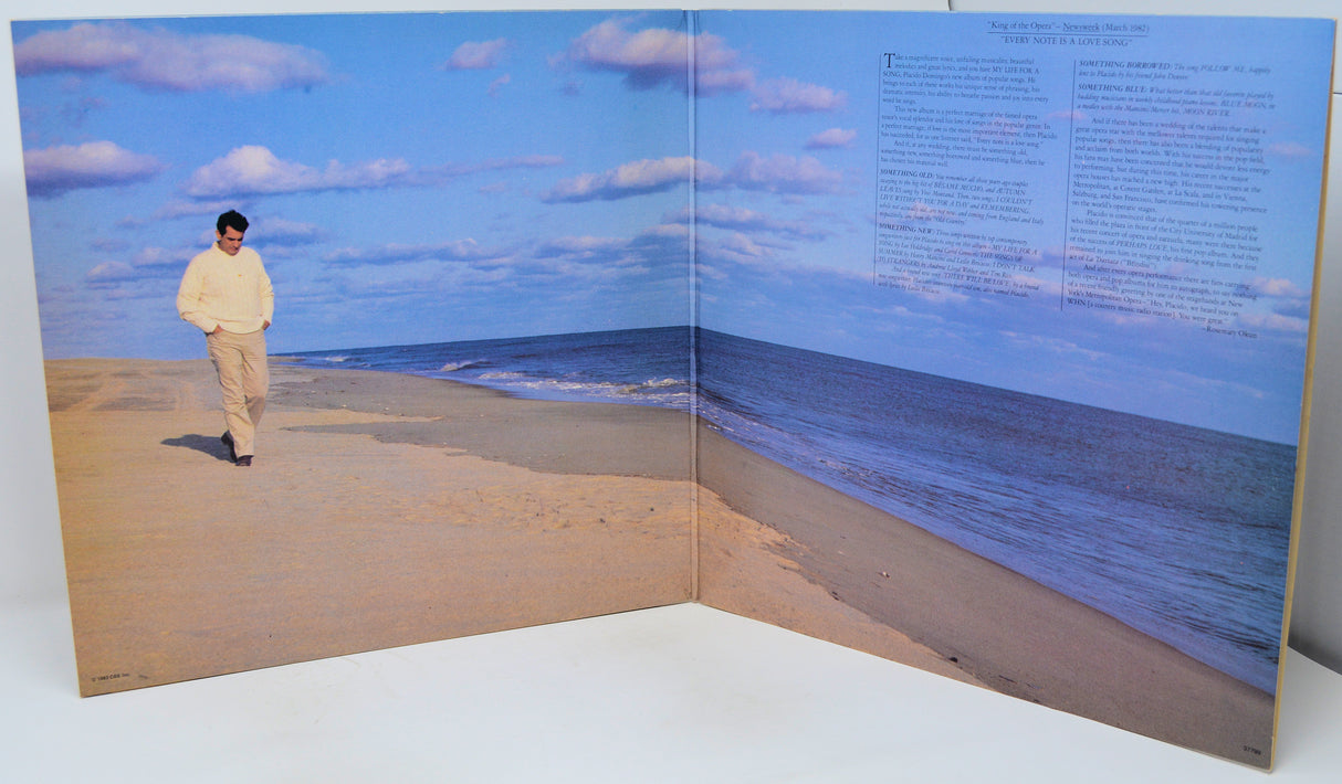 Open book showing a person walking on a beach with a blue sky.